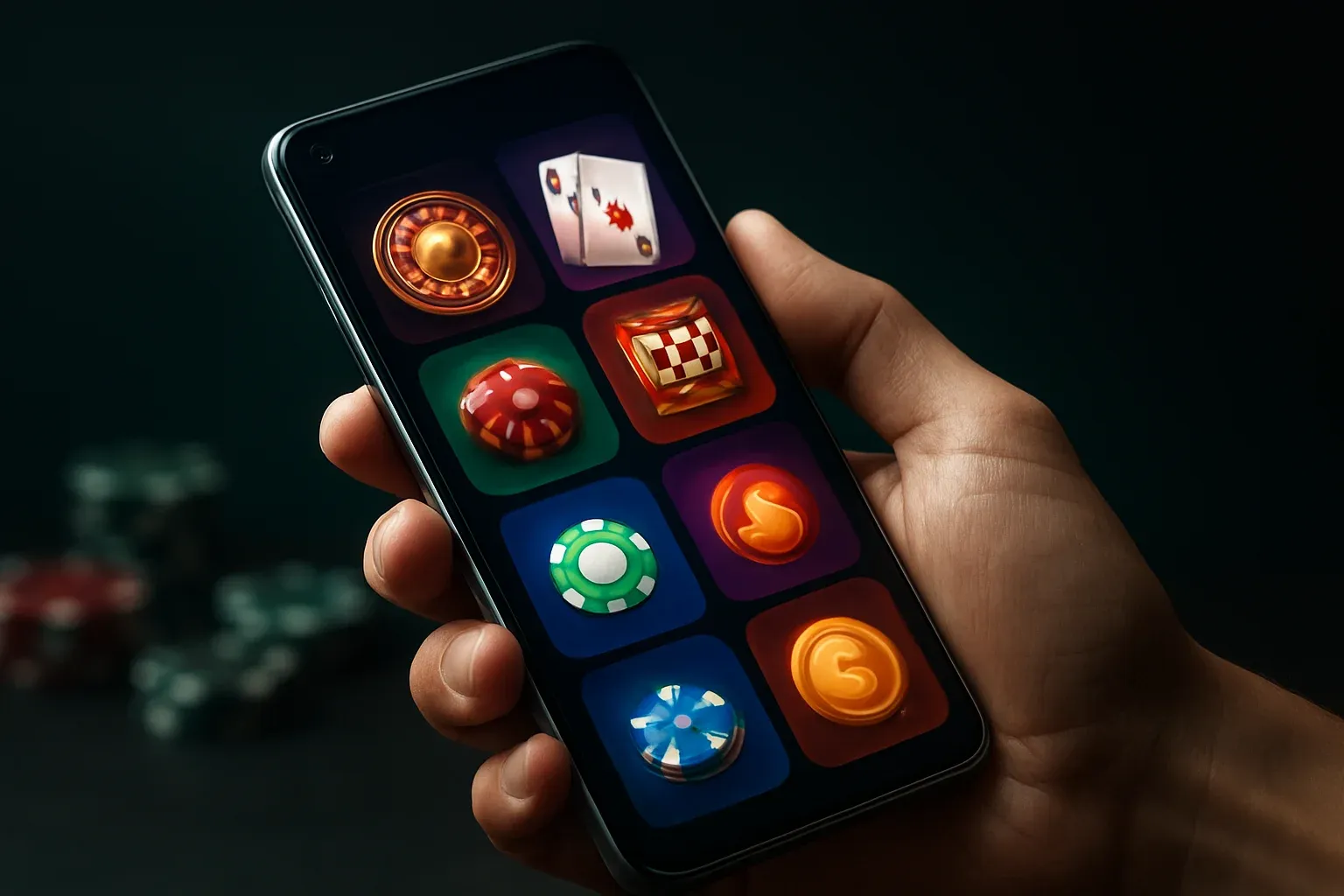 Sleek Android smartphone showing vivid casino app interface in dramatic lighting
