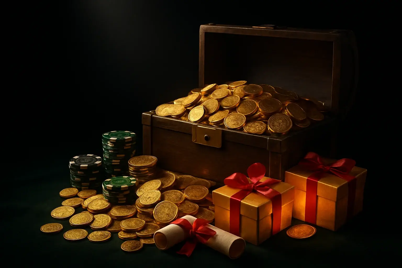 Overflowing treasure chest with coins, casino chips, vouchers, and gift boxes