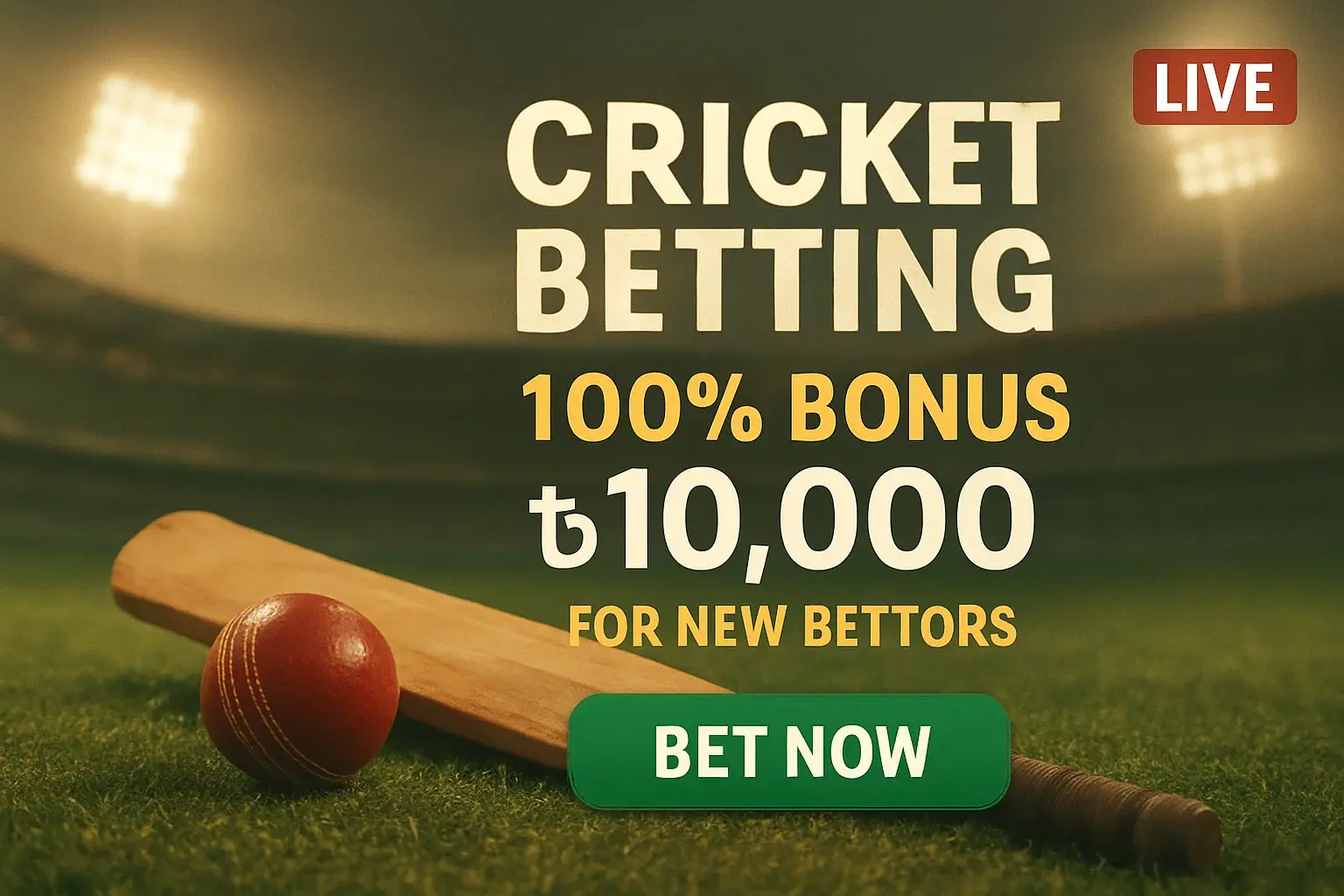 Cricket betting banner with stadium, bat, ball, bonus offer, and CTA