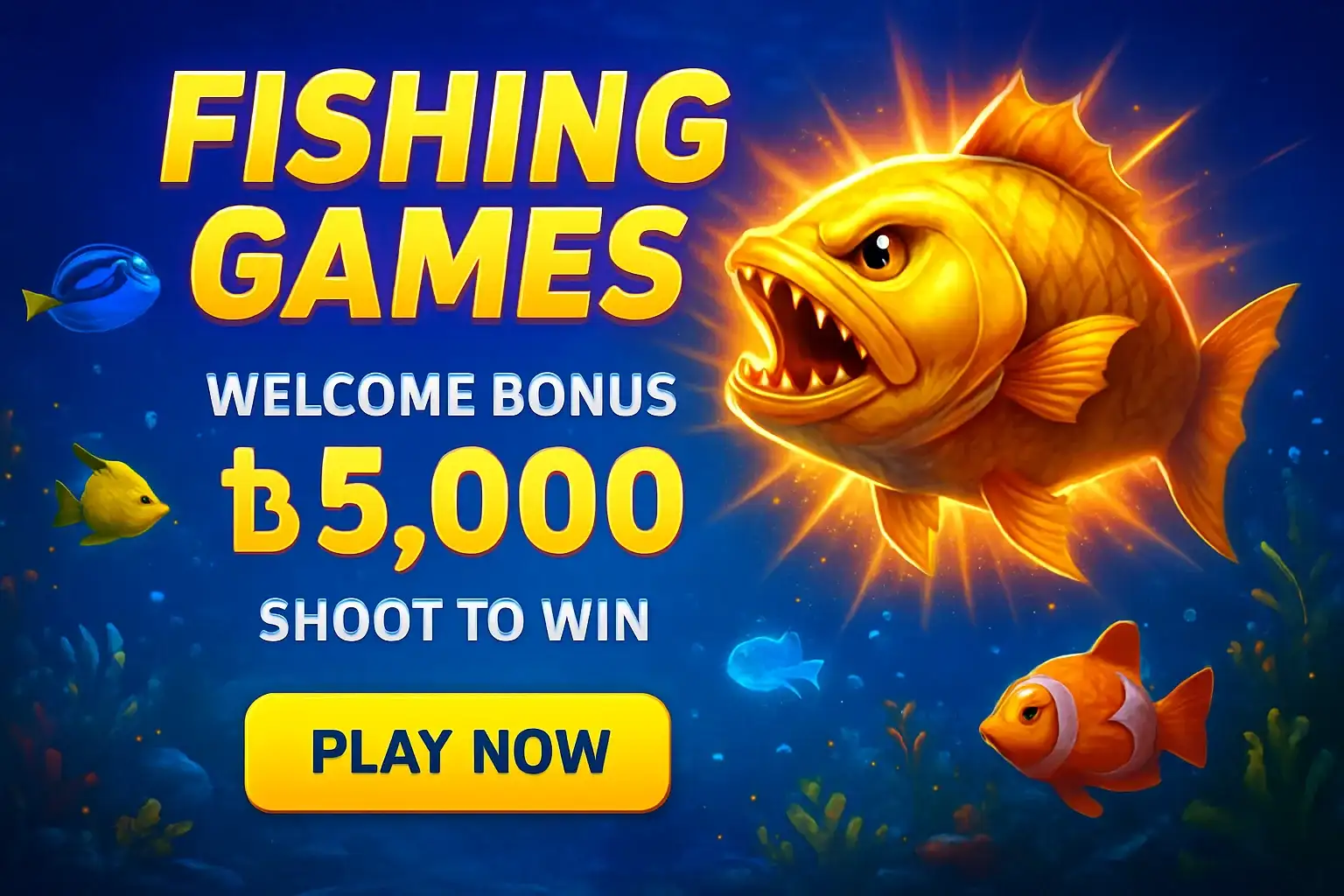 Fishing arcade banner with underwater boss fish, bonus offer, play button