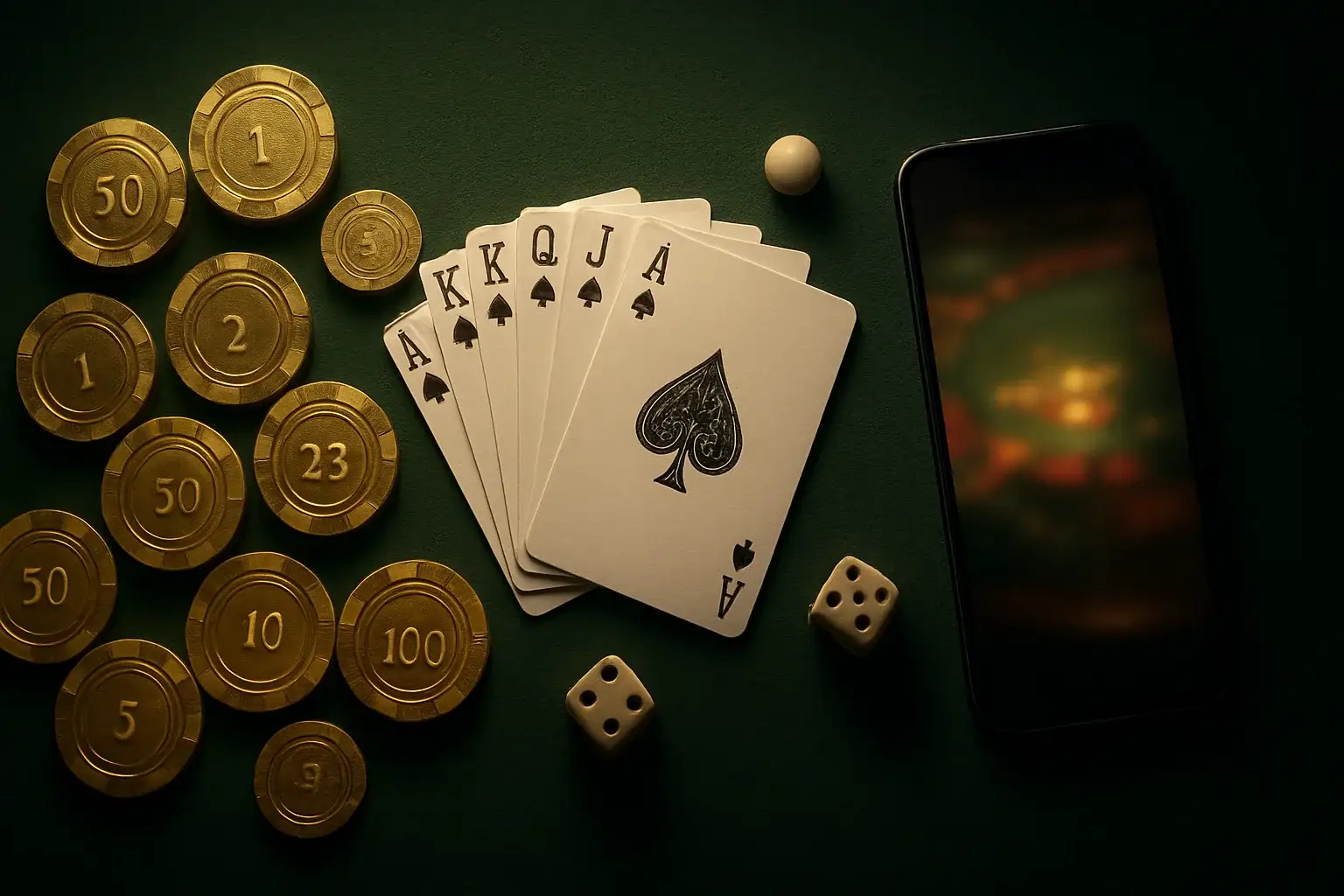 Top-down casino table with golden chips, cards, dice, roulette ball, smartphone