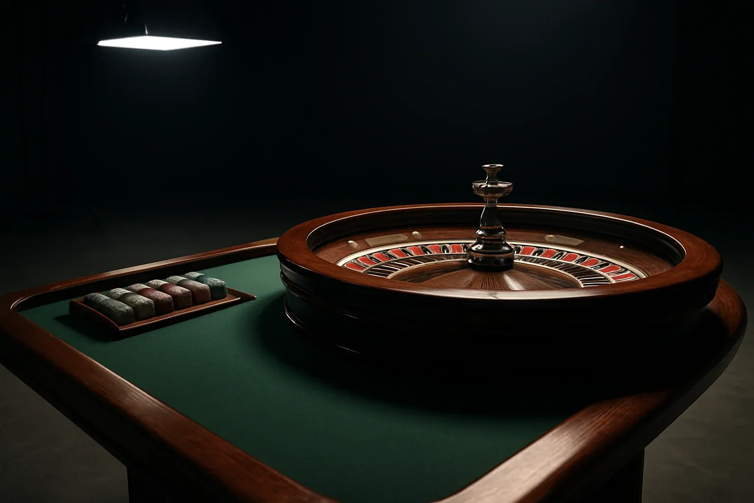 Hyperrealistic live casino studio with empty roulette table and dramatic lighting