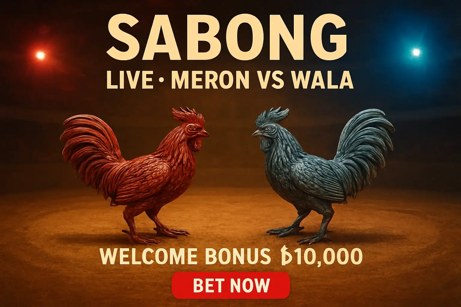 Live sabong banner with decorative rooster figurines and bonus offer