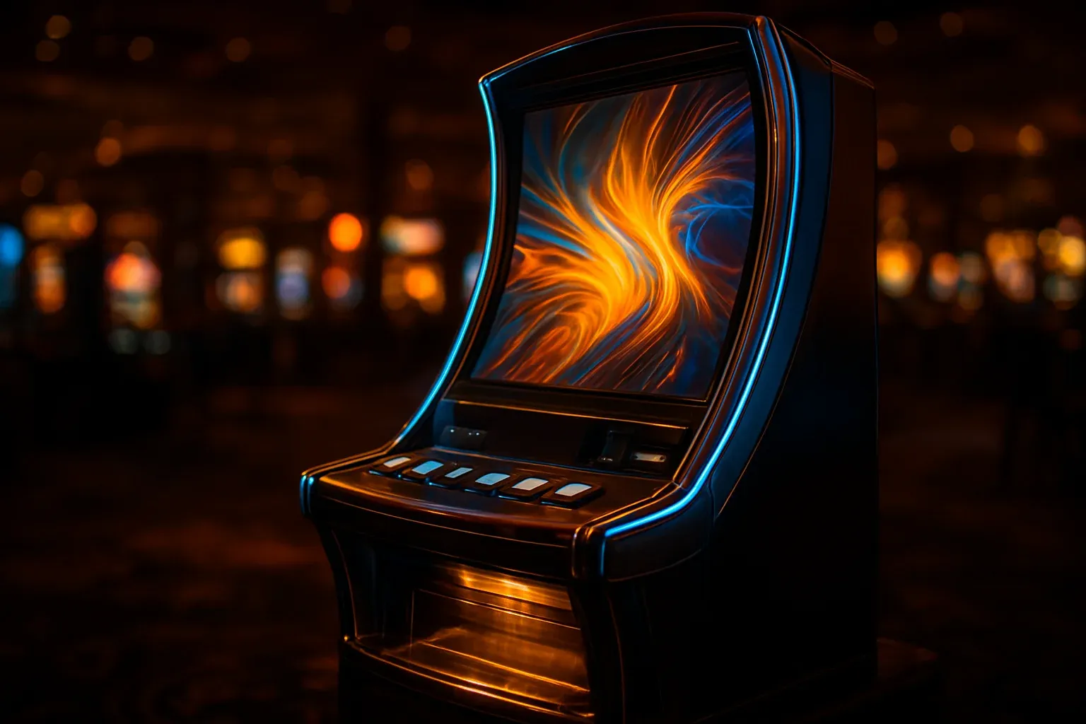 Premium slot machine glowing in dark luxury casino with neon lighting